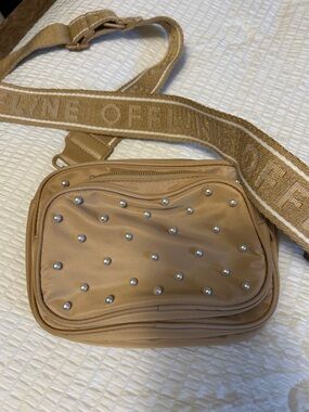 Beige Studded Crossbody Bag with Wide Logo Strap